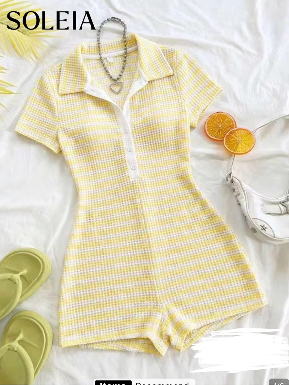 NWOT SHEIN Yellow White Collared Short Sleeve Knit Romper size Large